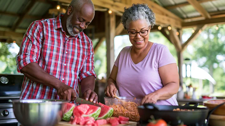A couple works together to prepare a meal outdoors, chopping vegetables and enjoying each other's company.