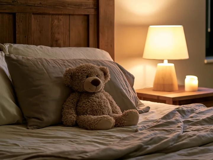 A cozy bedroom features a wooden bed with soft linen bedding, a teddy bear sits on the bed, and a lamp provides warm light beside a wooden nightstand.