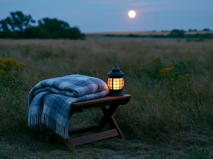 A cozy blanket rests on a wooden stool in a meadow beneath a full moon.