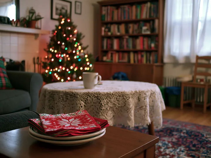A cozy Christmas living room features a coffee table set with plates and festive napkins next to a decorated Christmas tree with lights.