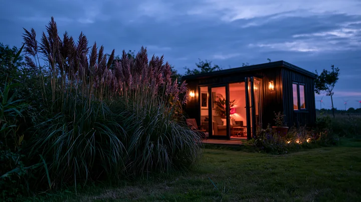 A cozy garden house displays warm lights within, surrounded by tall grass under an evening sky.