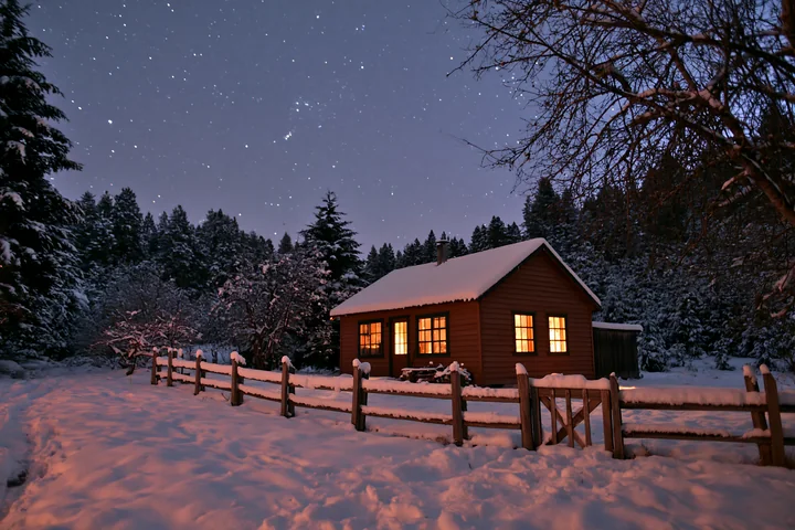 A cozy house sits in a snowy landscape with warm light glowing from its windows.