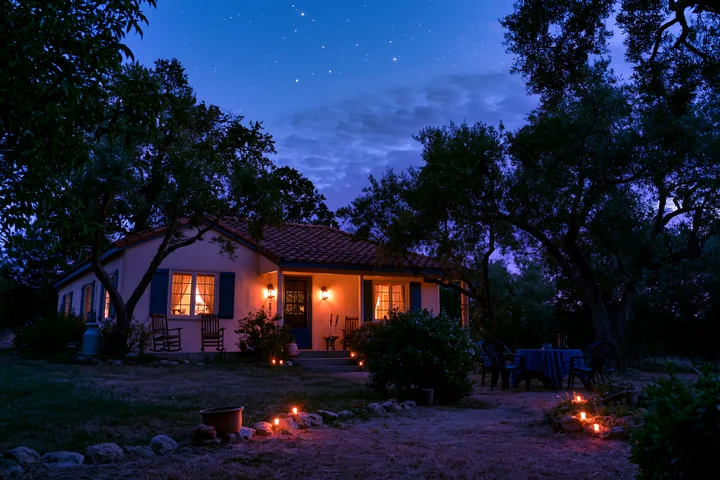 A cozy house sits under a sky filled with stars during blue hour.