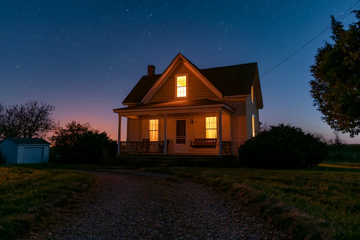 A cozy house with a porch swing sits under a starry sky, illuminated by warm light from the windows.