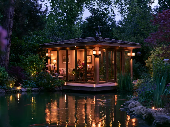 A cozy outdoor office sits in a garden at dusk, featuring large windows that reflect golden light onto the pond.