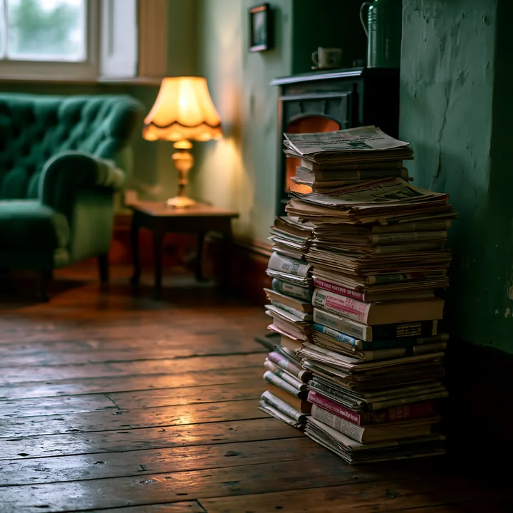 A cozy reading corner features a green velvet chair, a stacked pile of books by a warm fireplace, and a lamp providing light in the room.