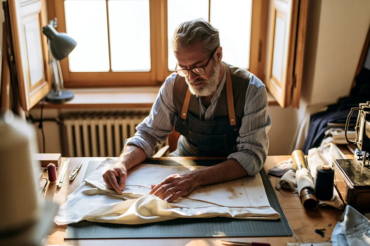 A craftsman examines a stained silk garment while working at a wooden table in a well-lit workshop.