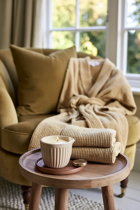 A cream dose beside a folded robe sits on a wooden table in a cozy living room.