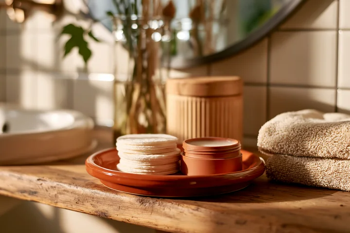 A cream dose beside cotton pads is placed on a wooden surface in a bright bathroom.
