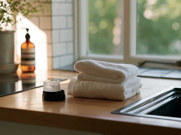 A cream dose beside folded white towel is placed on a kitchen countertop.