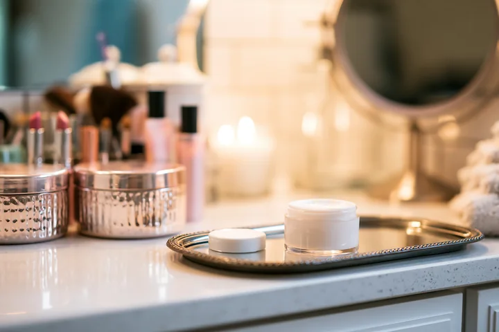 A cream dose sits next to unbranded cosmetic containers on a bathroom counter.