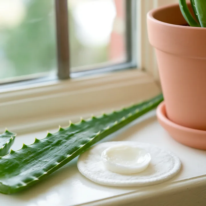 A cream dose sits on a white cotton pad next to an aloe vera leaf, with a potted aloe plant visible in the background.