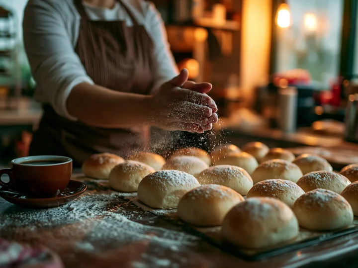 A cup of coffee sits beside a tray of freshly baked bread.