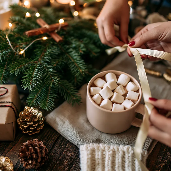 A cup of warm cocoa with marshmallows sits on a table surrounded by festive decorations.