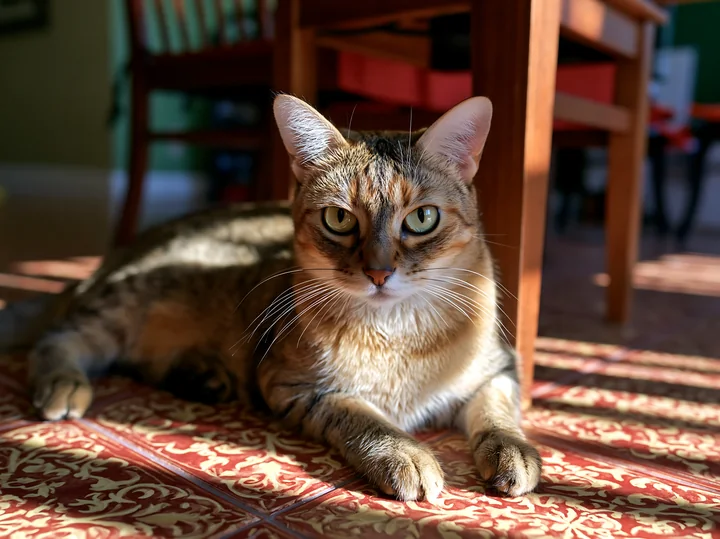 A curious Australian Mist cat rests on a patterned tile floor.