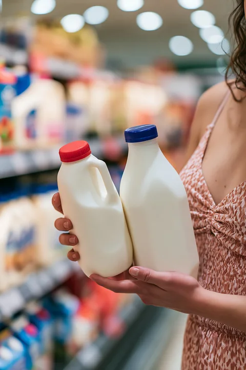 A customer at a grocery store holds two different local milk bottles.