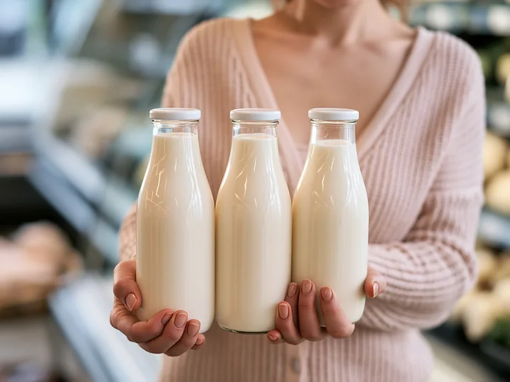 A customer in a grocery store holds three glass bottles of milk while comparing them.