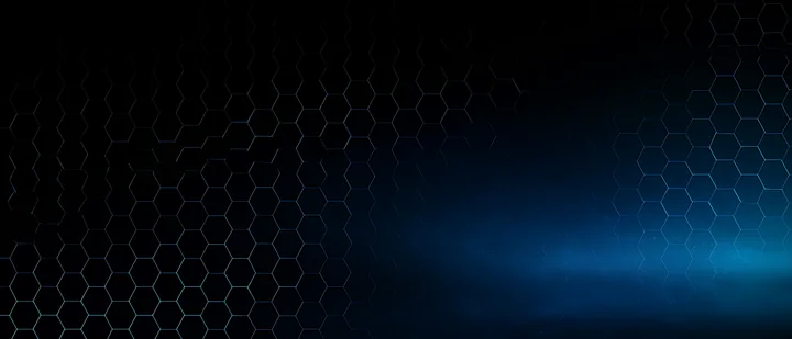 A dark background shows a hexagonal pattern with a soft blue light effect.