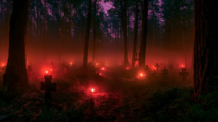 A dark forest features military graves illuminated by soft red lantern light during the night.