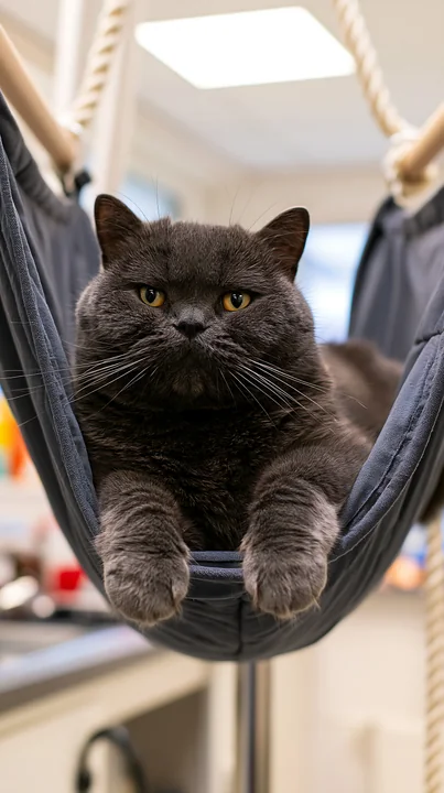 A dark gray rare cat breed rests in a cozy hammock at a veterinary clinic.