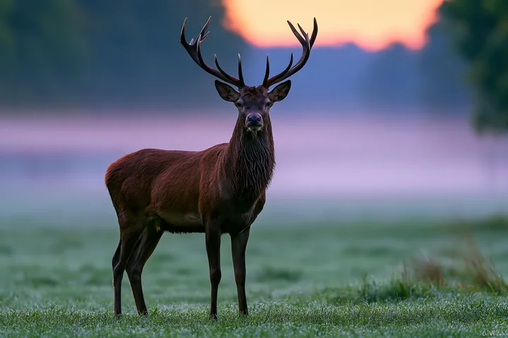 A deer stands in a meadow where fog is drifting across the grass during the early morning.
