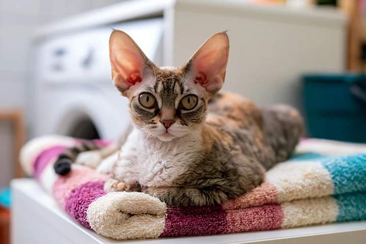 A Devon Rex cat with large ears lies on a colorful blanket in a home setting.