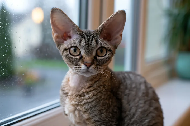 A Devon Rex cat with large ears rests by a window on a rainy day.