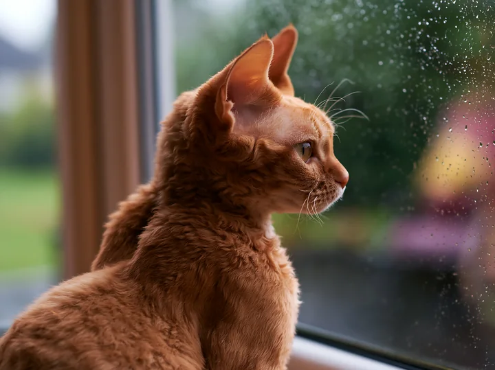 A Devon Rex cat with large ears sits by a window and observes the rain outside.