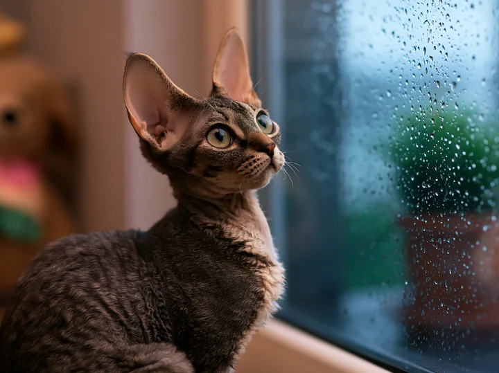 A Devon Rex cat with large ears sits by a window, gazing outside as raindrops slide down the glass.