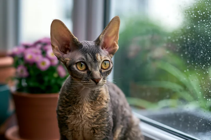 A Devon Rex cat with large ears sits by a window, looking outside.