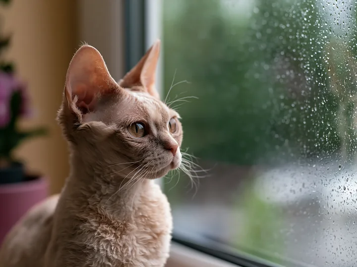 A Devon Rex cat with large ears sits by a window, observing the rain outside.