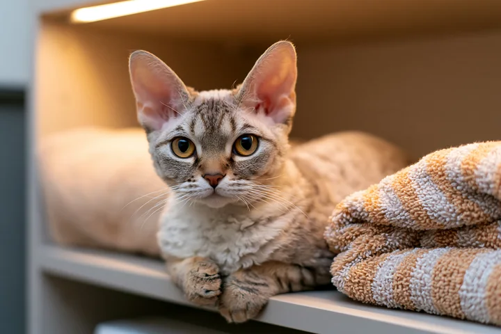 A Devon Rex cat with large ears sits calmly on a shelf beside neatly folded towels.