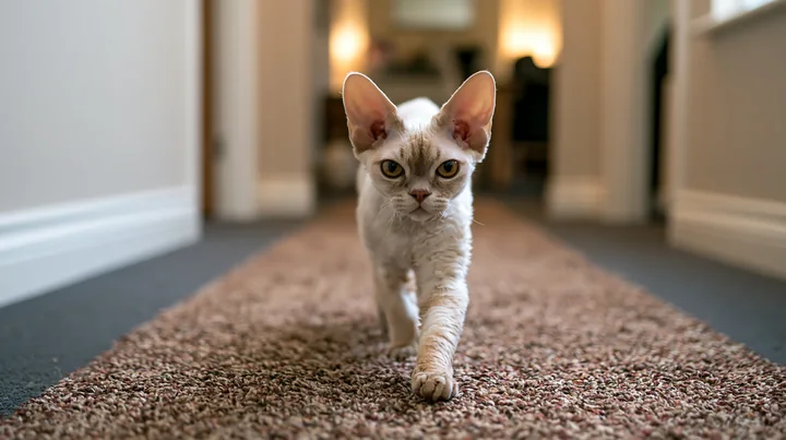 A Devon Rex cat with large ears walks along a carpeted hallway.