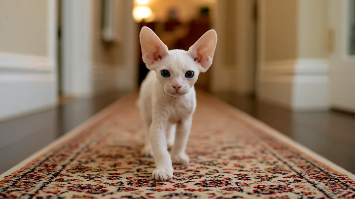 A Devon Rex cat with large ears walks along a long hallway featuring a patterned runner.