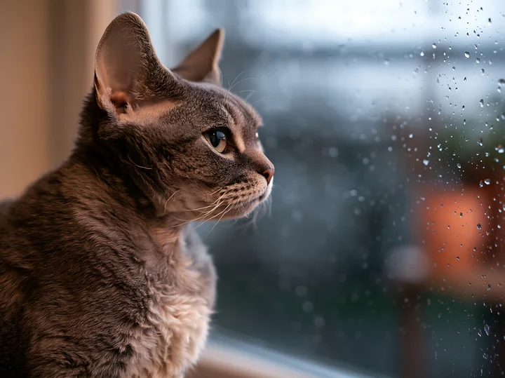 A Devon Rex cat with large ears watches raindrops fall on a window while staying inside a home.