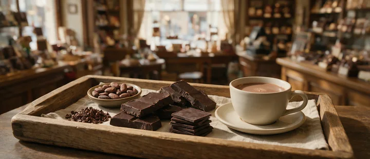 A display of chocolate, nuts, and a steaming cup of coffee is set on a wooden tray, creating a warm atmosphere in a chocolate shop filled with various products.