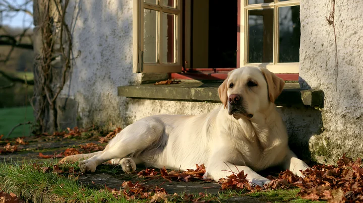 A dog lies relaxed on the steps of a rural cottage surrounded by fallen leaves.