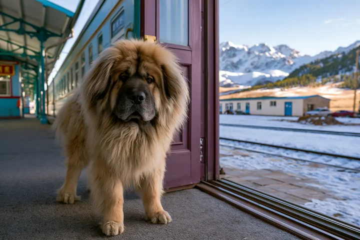 A dog stands at a train station entrance, looking outside at snow-covered mountains.