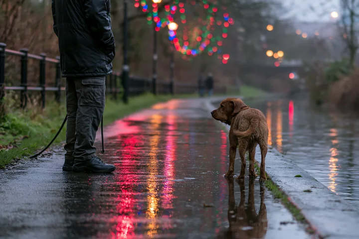 A dog stands by its owner, looking intently ahead on a wet pavement reflecting colorful Christmas lights.
