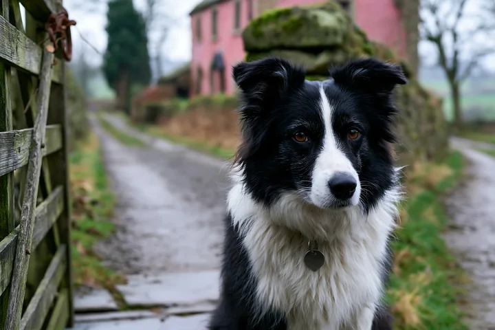 A dog stands near a cottage along a dirt path, surrounded by fields and trees.