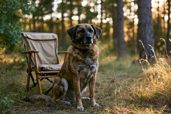 A dog with a rare brindle coat sits next to a chair in a forest during golden hour.