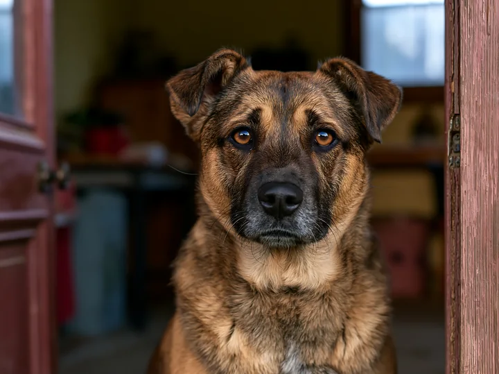 A dog with a rare brindle coat stands at the entrance of a cozy home, looking directly at the camera.