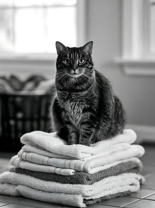 A Dwelf cat portrait captures the feline sitting on a stack of clean towels in a cozy indoor setting.