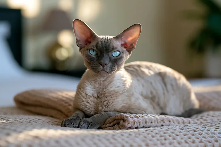 A Dwelf cat portrait shows a unique cat lounging on a blanket in a domestic setting.