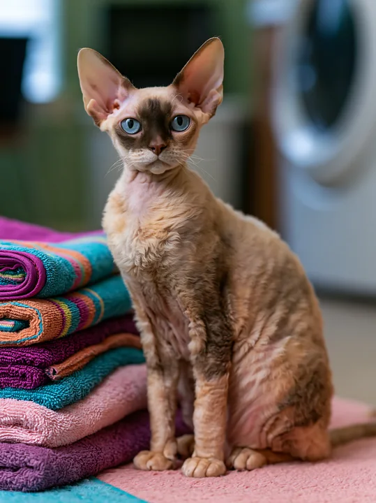 A Dwelf cat sits beside neatly stacked colorful towels in a warm room.