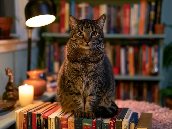 A Dwelf cat sits on a stack of books in a cozy room with a warm lamp glowing nearby.