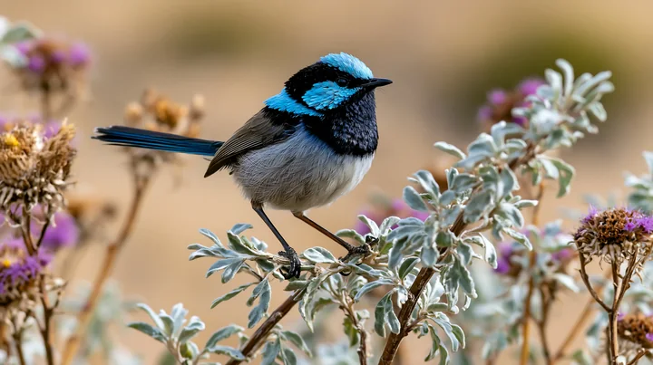 A fairy wren stands on a native shrub, showcasing its bright blue feathers against the earthy tones of the landscape.