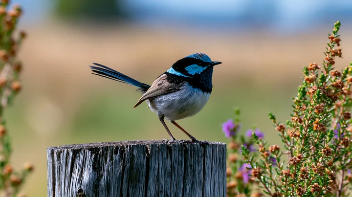 A fairy wren stands on a wooden post surrounded by shrubs and flowers in native shrubland.