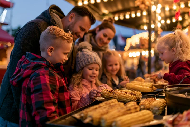 A family at food stalls shares a meal together during an evening event.