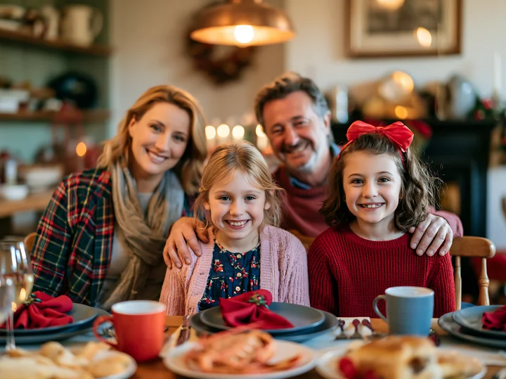 A family enjoys a Christmas morning together at a dining table filled with food.